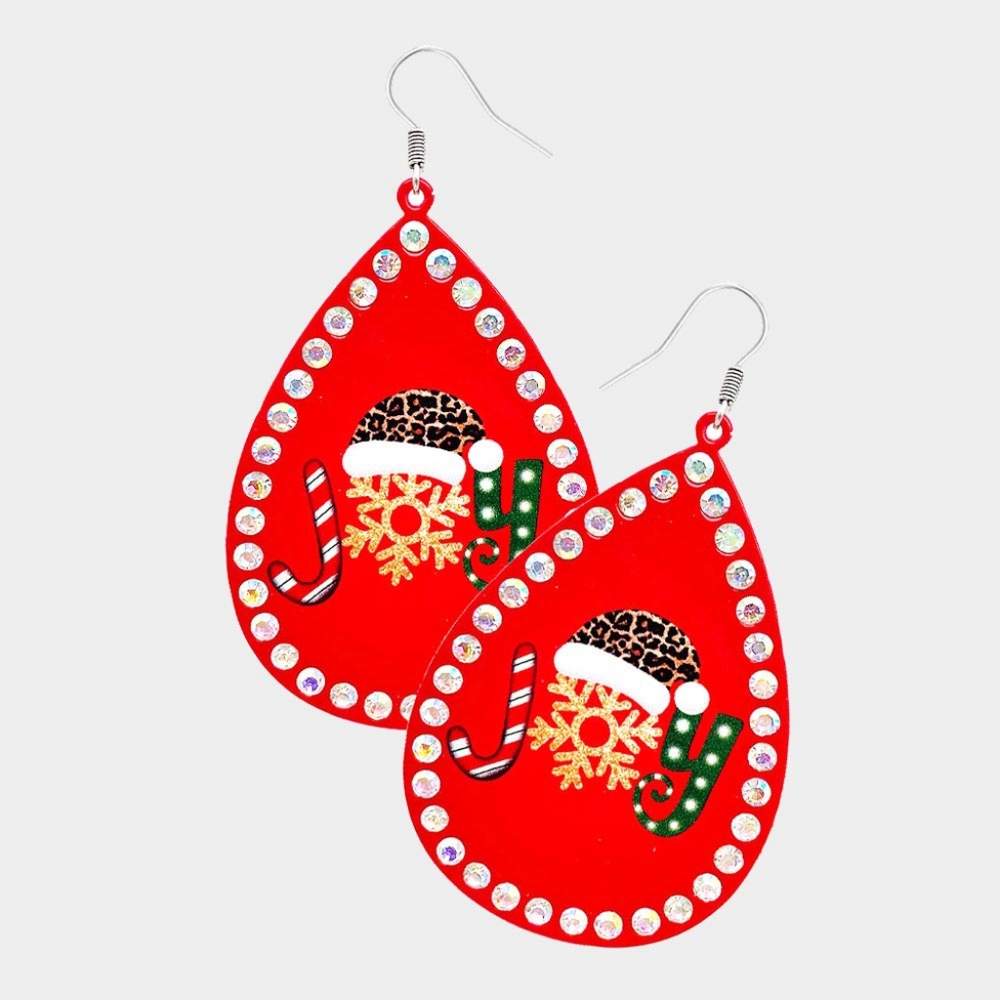 Red JOY Snowflake Leopard Print Rhinestone Trim Teardrop Earrings Holiday